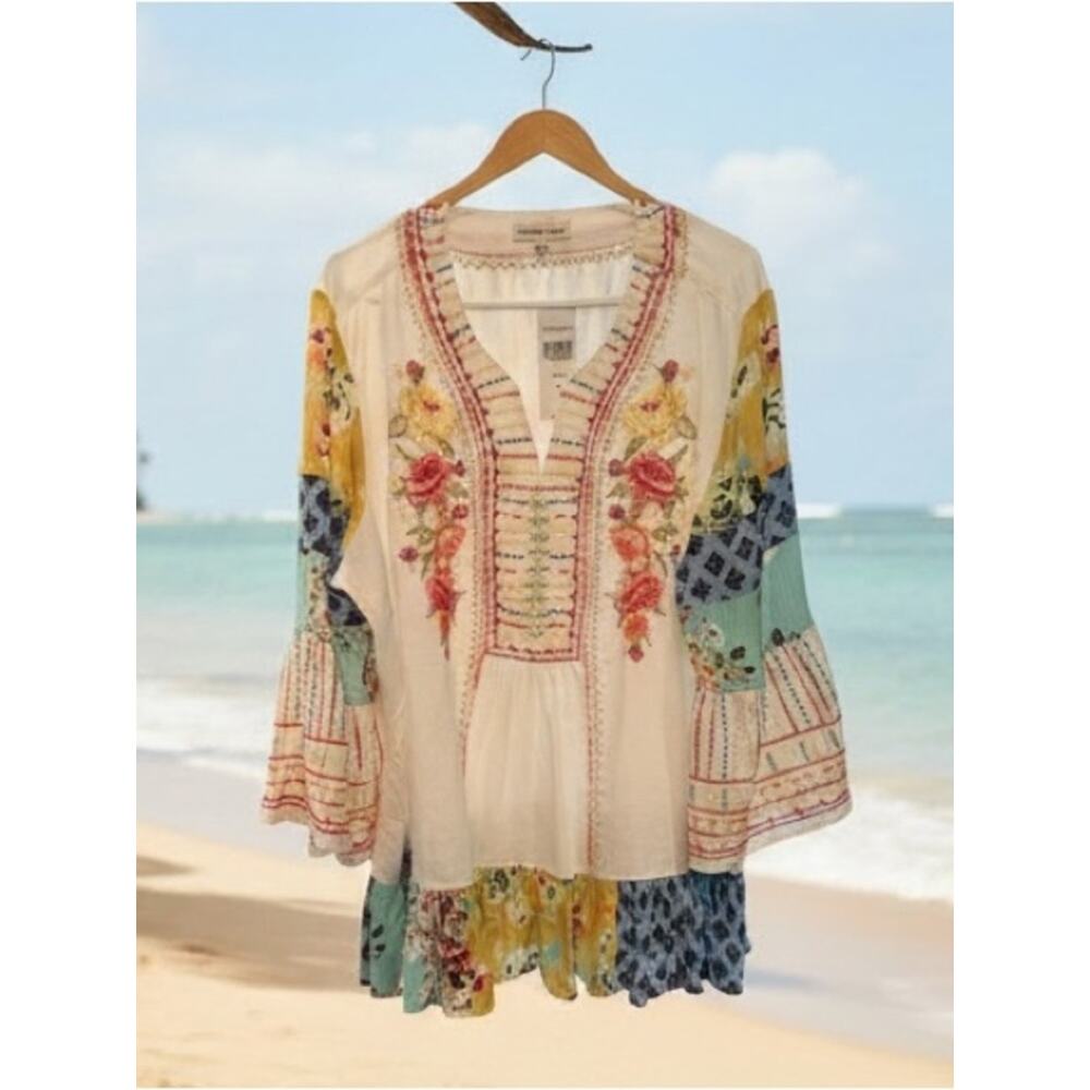 Coldwater Creek NWT Boho Embroidered V-Neck Tunic Multi Patchwork Plus Size 2X - Picture 7 of 8